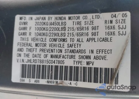 2005 Honda Cr-V Ex z USA, uszkodzony, nr VIN JHLRD78815C047805